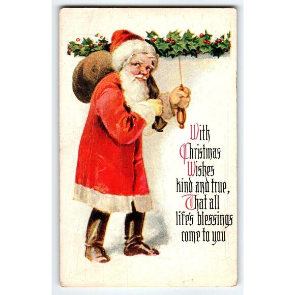 Santa Claus Christmas Postcard Saint Nick Pulling Cord Holiday Wishes Embossed - Picture 1 of 2